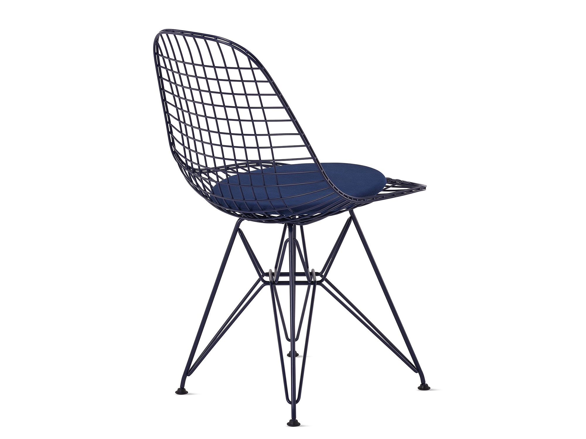 Black blue wire upholstered chair with wire base back angle view